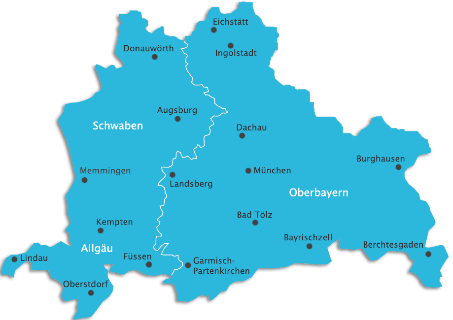 Karte von Oberbayern und Allgäu - Schwaben - Südbayern