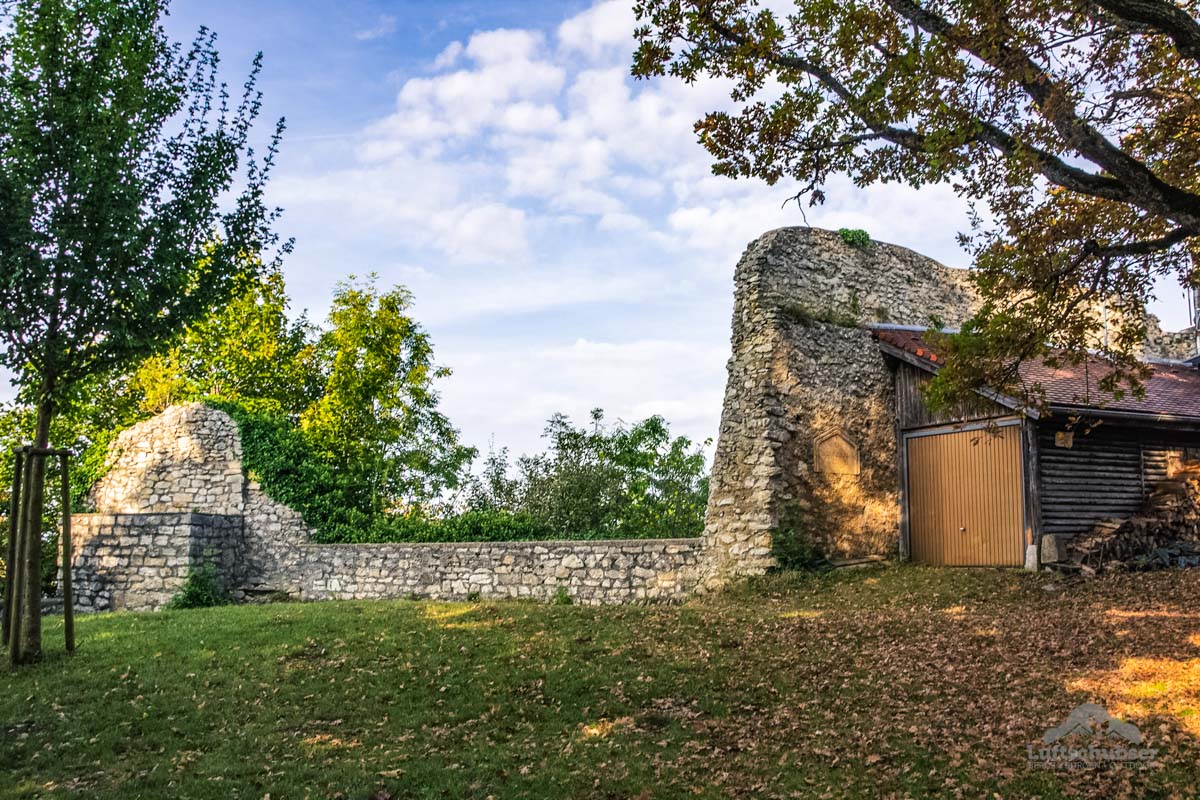 Burg Teck: Reste der westlichen Umfassungsmauer mit ehem. Schalenturm, dem ein Holzschuppen vorangestellt ist.