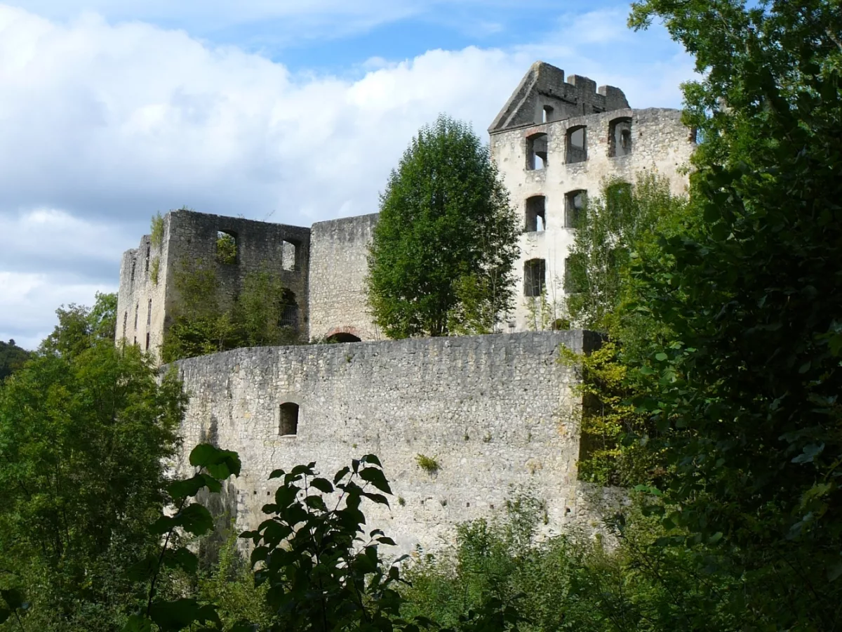 Burg Schülzburg: Südansicht mit Ringmauer, mehrgeschossiger Schlossbau, und Palas