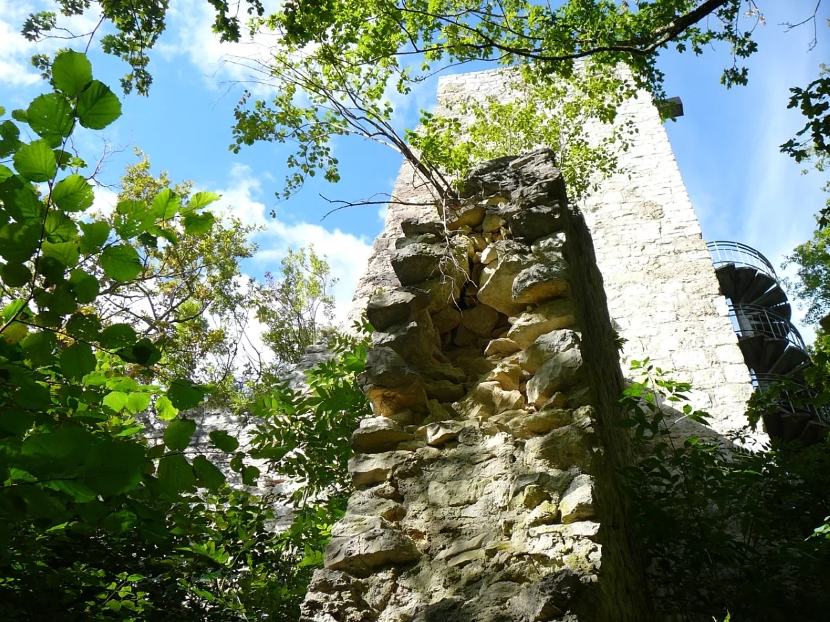 Burg Wartstein: Bruchkante der Umfassungsmauer, die an der Schildmauer mündet - Südseite