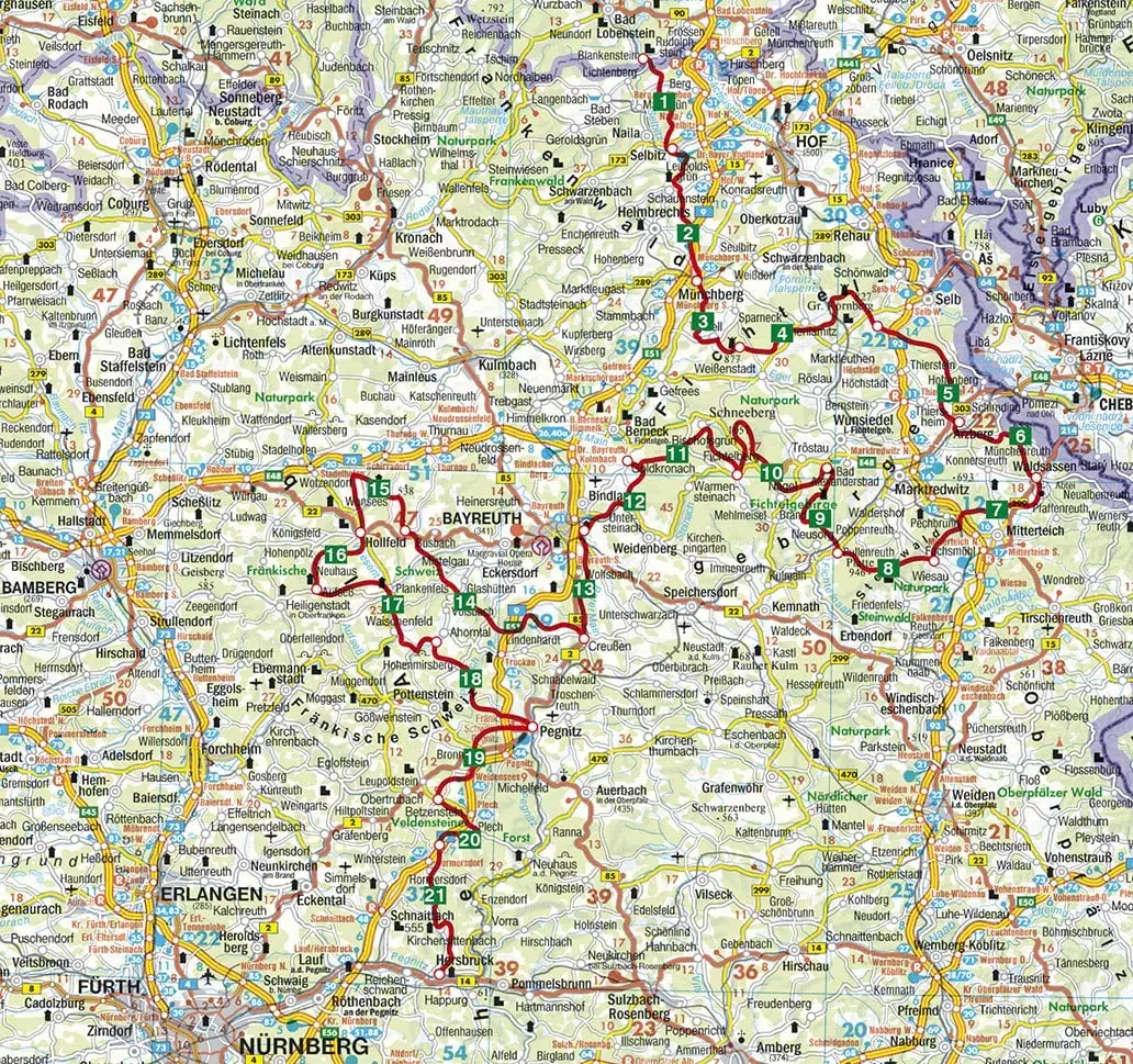 Rother Wanderführer Fränkischer Gebirgsweg: Gesamtkarte mit allen Etappen